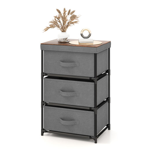 Fabric Storage Organizer Tower Unit with Removable Lid in grey, a three-drawer unit with a wood-effect top