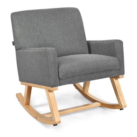 Fabric Upholstered Recliner Rocking Chair in grey fabric with light wood base