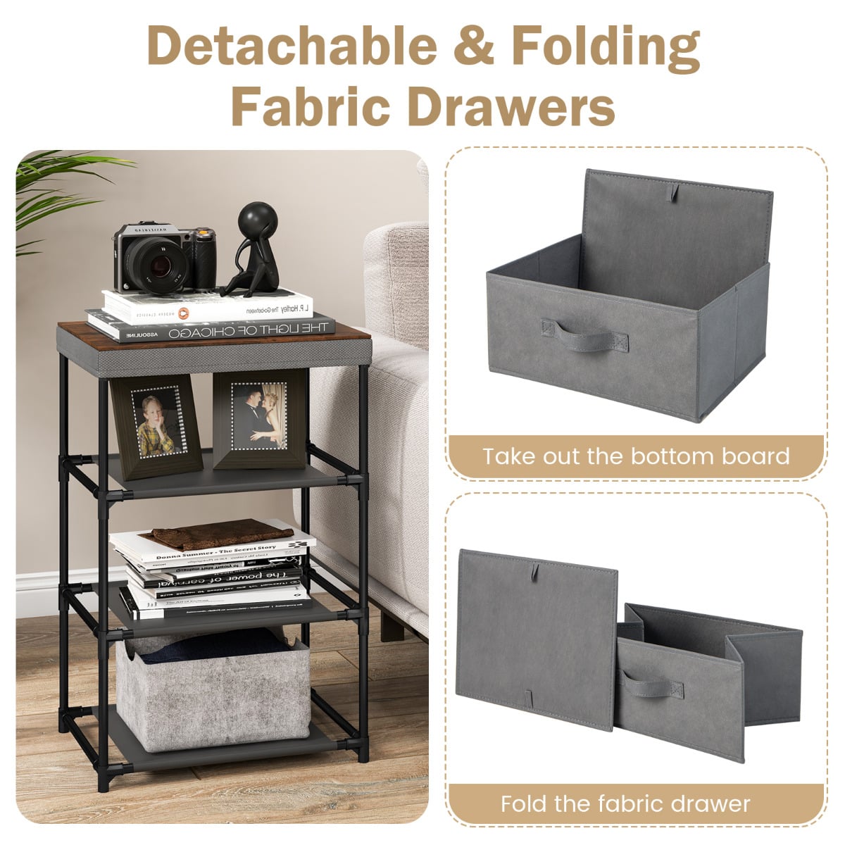 Fabric Storage Organizer Tower Unit Set of 2 with Removable Lid-Grey