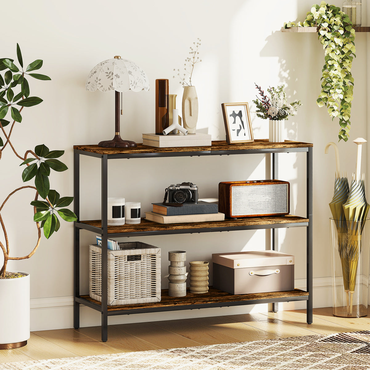 HOMCOM 3-Tier Console Table with Storage Shelves in Rustic Brown