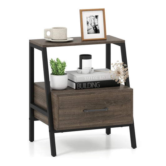 Farmhouse 3-Tier Nightstand with a drawer and open shelf, shown in grey wood effect with black metal legs