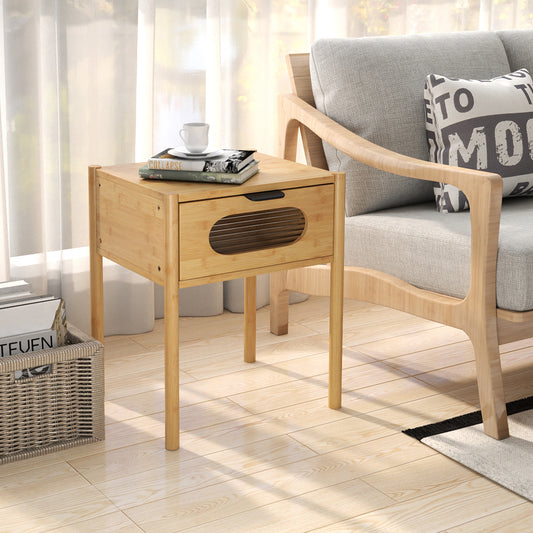 The bedside table is shown in a living room setting next to a sofa