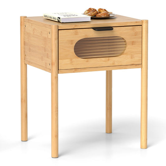Farmhouse Bedside Table with Tempered Glass Decorated Drawer, a natural wood nightstand with one drawer and a shelf