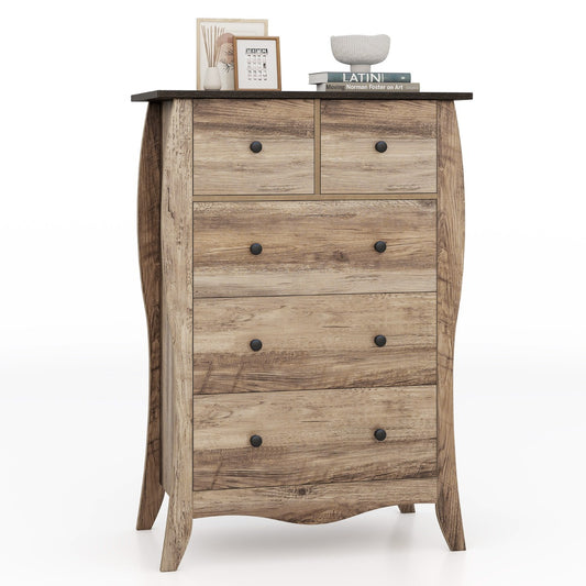 Farmhouse Chest of Drawers with five drawers and a dark top surface against a plain white background