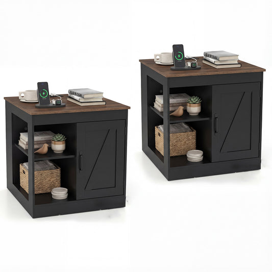 Farmhouse Nightstand Set of 2 with charging station bedside table in black