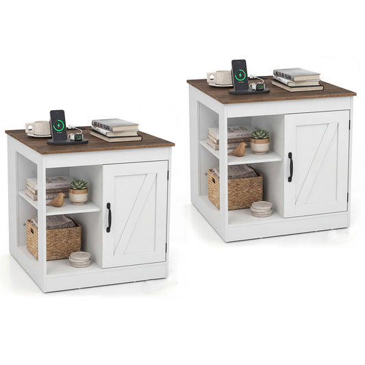 Farmhouse Nightstand Set of 2 with white frames and wood effect tops shown side by side