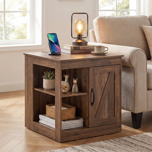 Brown wood effect bedside table with adjustable shelf and cupboard door
