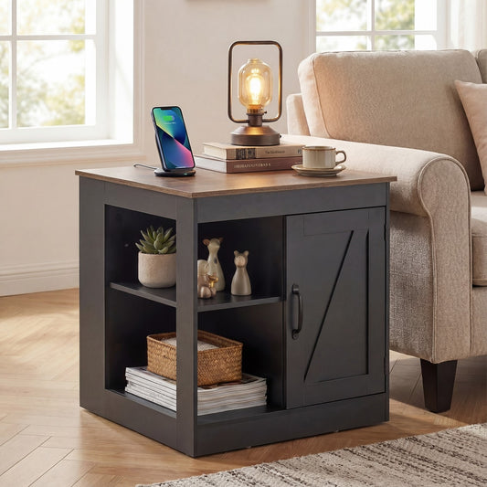 Black farmhouse nightstand with sliding barn door and open shelves