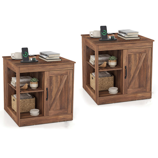 Farmhouse Nightstand Set of 2 with charging station bedside table in brown wood effect