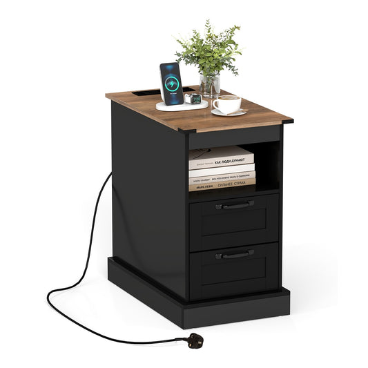 Farmhouse Nightstand with Charging Station and 2 Drawers in black with a wooden top