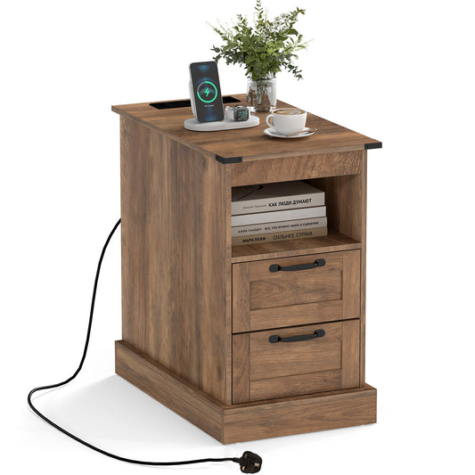 Farmhouse Nightstand with Charging Station and 2 Drawers in rustic brown with a power cable