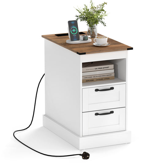 Farmhouse nightstand with charging station and 2 drawers in white, with a phone charging on top