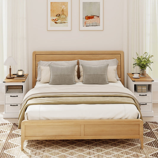 Two white nightstands with charging stations and two drawers flank a wooden bed in a bedroom
