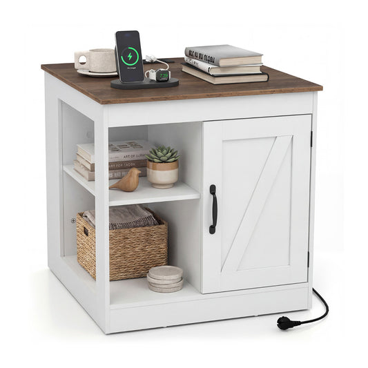 Farmhouse Nightstand with Charging Station Bedside Table with Adjustable Shelf-White, a white bedside table with a wooden top