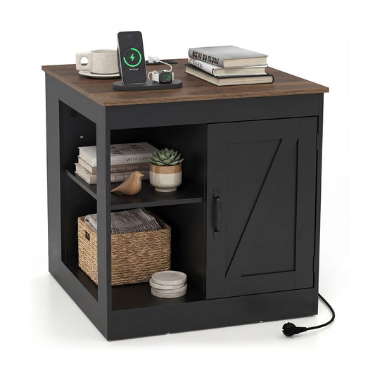 Farmhouse Nightstand with a dark wood top and black frame featuring open shelves and a cabinet door