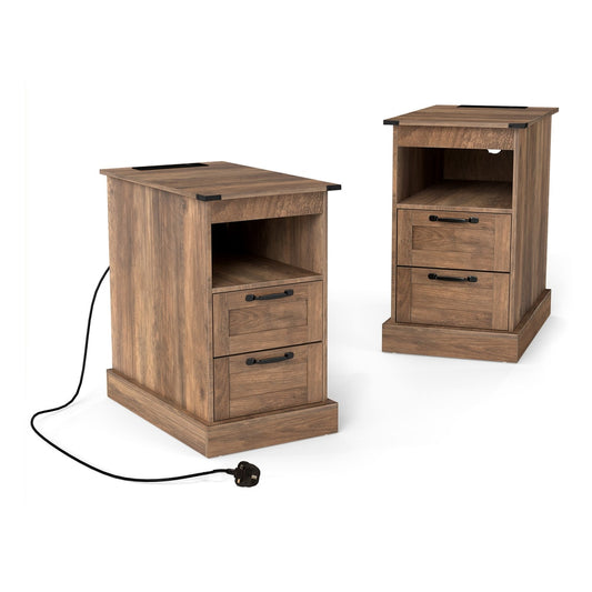 Farmhouse Nightstand shown from two angles with power cables and plugs visible