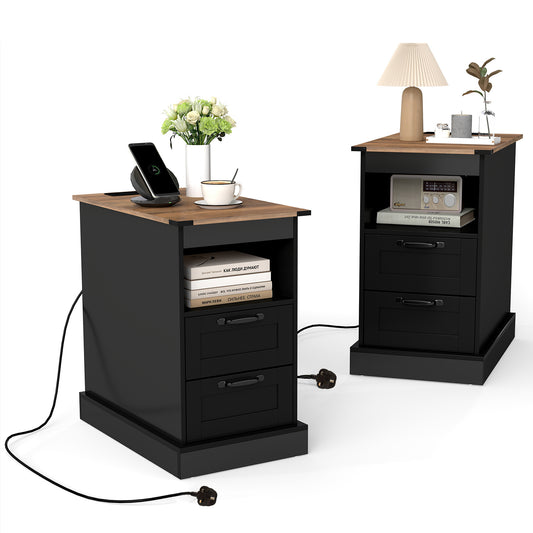Farmhouse Nightstand with charging station, open shelf and two drawers in black