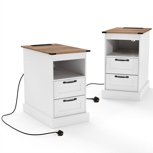 Farmhouse Nightstand with charging station and two drawers, shown from a side angle with cables