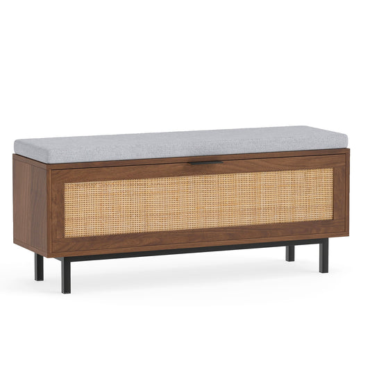 Farmhouse Shoe Storage Bench with padded cushion and rattan door in brown wood finish