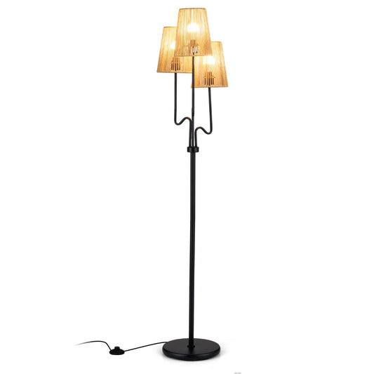 Farmhouse Standing Tree Lamp with three woven shades on a black metal stand against a white background