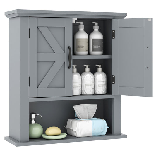 Farmhouse Wall Mounted Bathroom Cabinet with Adjustable Shelf in grey with doors open showing internal shelves and items