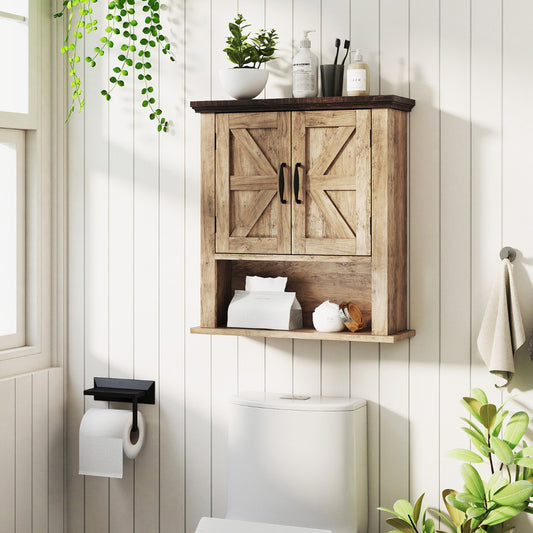 The farmhouse wall mounted bathroom cabinet with adjustable shelf shown mounted above a toilet in a bathroom