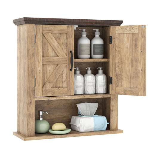 Farmhouse Wall Mounted Bathroom Cabinet with Adjustable Shelf, a wooden cabinet with two doors and an open shelf below