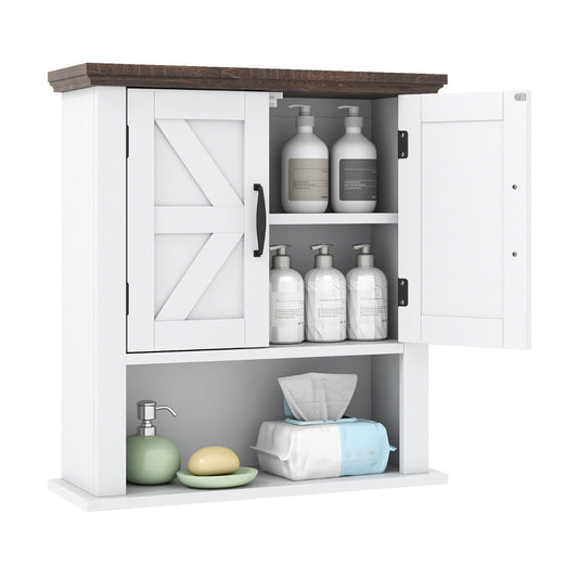 Farmhouse Wall Mounted Bathroom Cabinet with Adjustable Shelf with one door open and toiletries inside