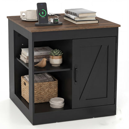 Farmhouse Nightstand with Charging Station Bedside Table with Adjustable Shelf-Black