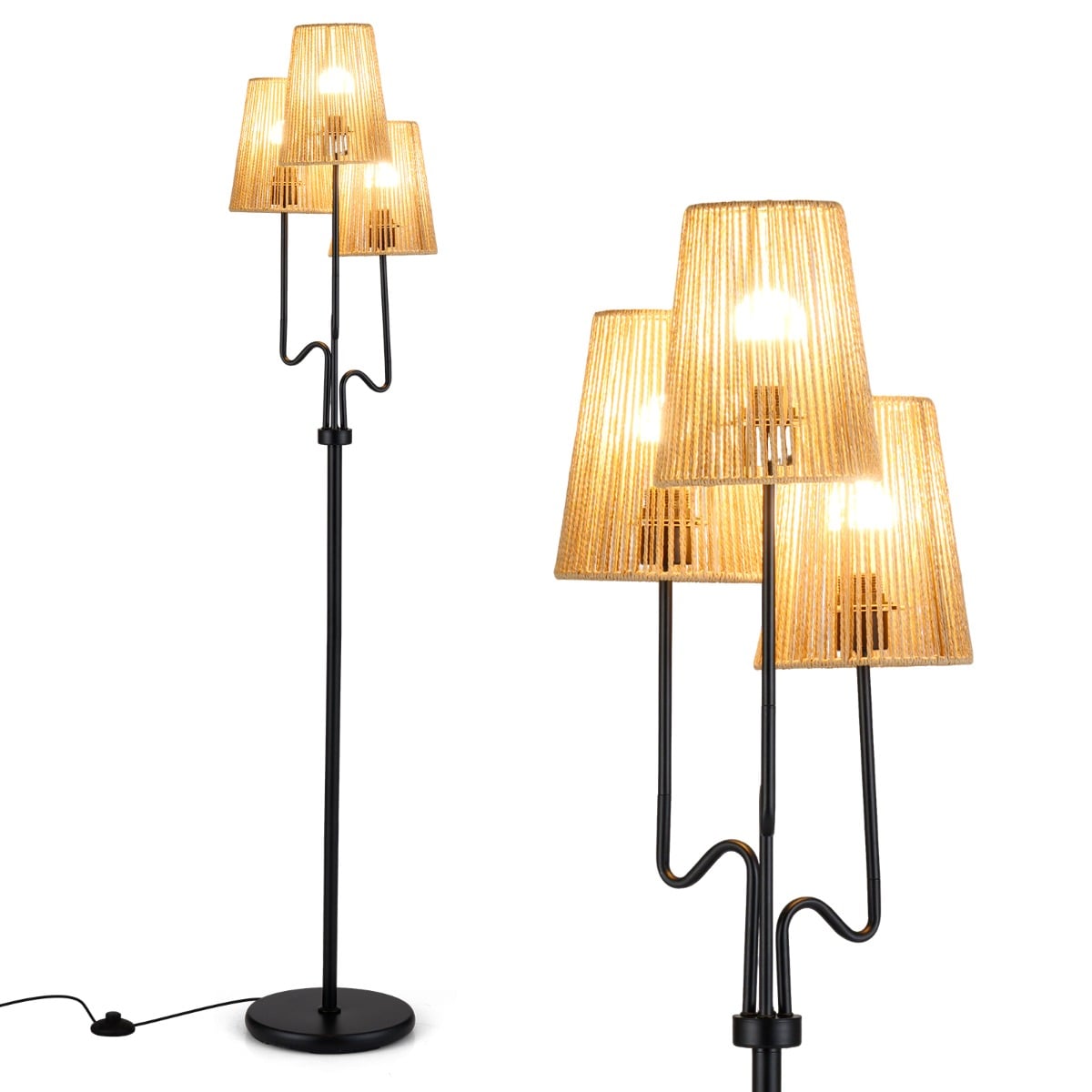 Farmhouse Standing Tree Lamp with 3 Boho Paper Woven Lampshades-Black