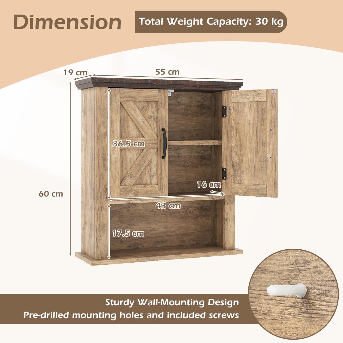 Farmhouse Wall Mounted Bathroom Cabinet with Adjustable Shelf-Natural