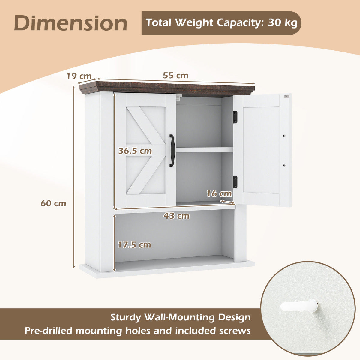 Farmhouse Wall Mounted Bathroom Cabinet with Adjustable Shelf-White