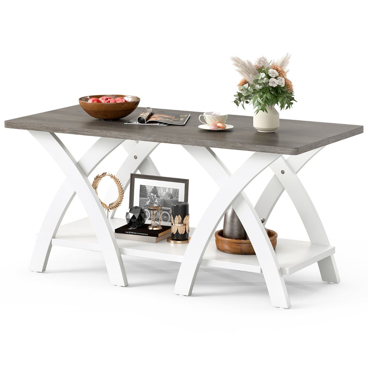 Farmhouse Wooden Accent Table with X-shaped Legs and Storage Shelf-Light Grey