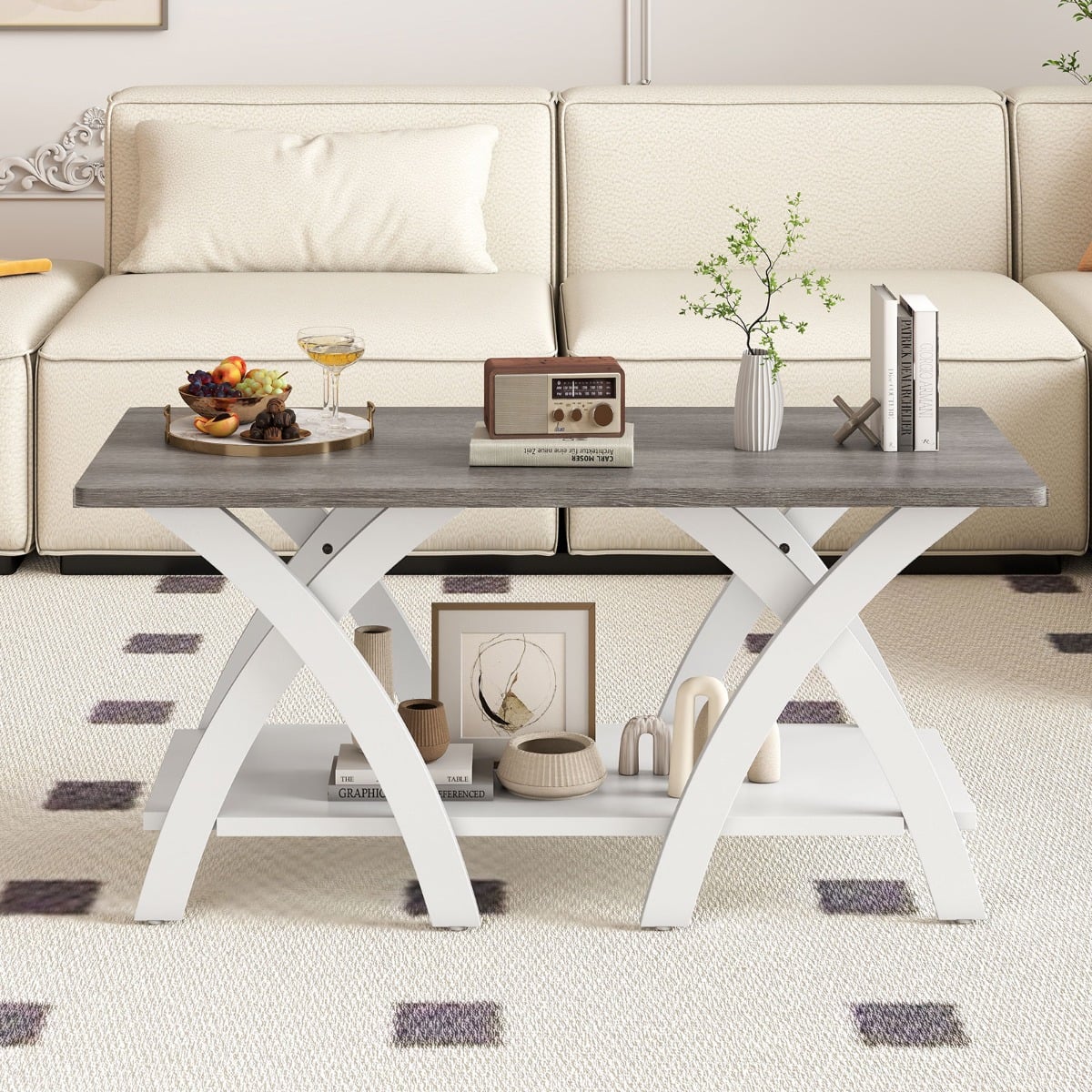 Farmhouse Wooden Accent Table with X-shaped Legs and Storage Shelf-Light Grey