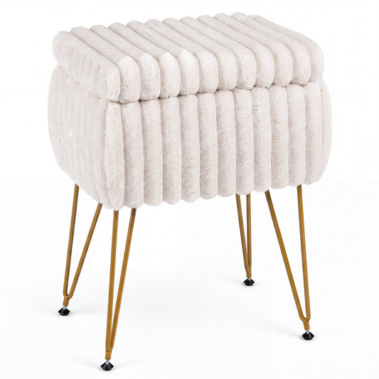 Faux Fur Ottoman with ribbed texture and four gold metal legs