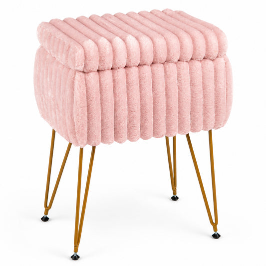 Faux Fur Ottoman with metal legs, a pink plush upholstered cube with a fluted design and four thin gold legs