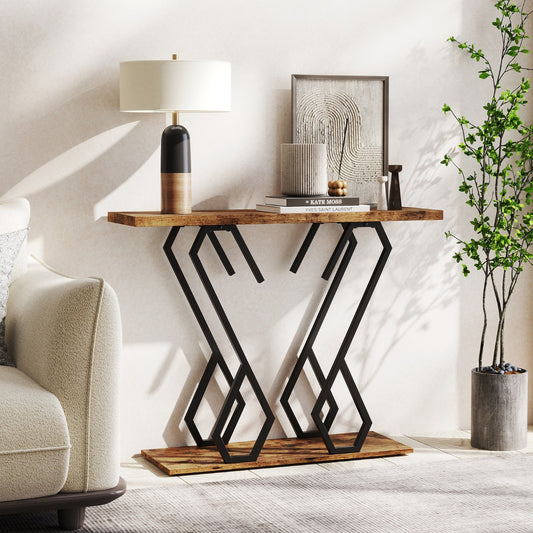 Rustic brown console table with black metal legs placed in a living room next to a sofa