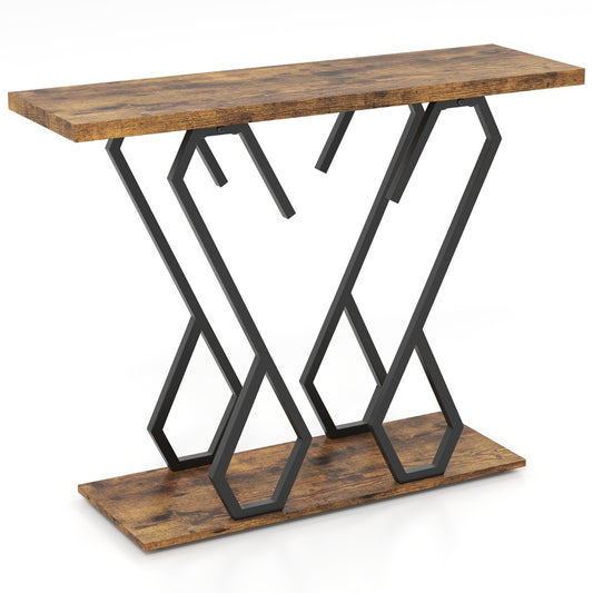 Faux Marble Console Table with Adjustable Foot Pads in rustic brown with black metal legs