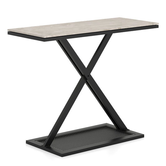 Faux Marble Top Metal Frame Entryway Console Table with a black metal X-frame base