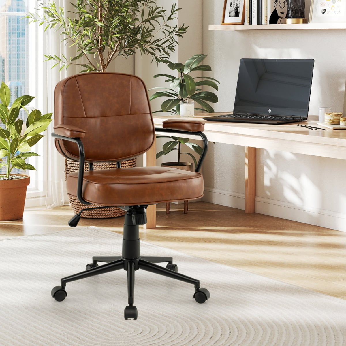 Faux Leather Office Chair Mid Century Modern Upholstered Chair with Padded Armrests-Brown