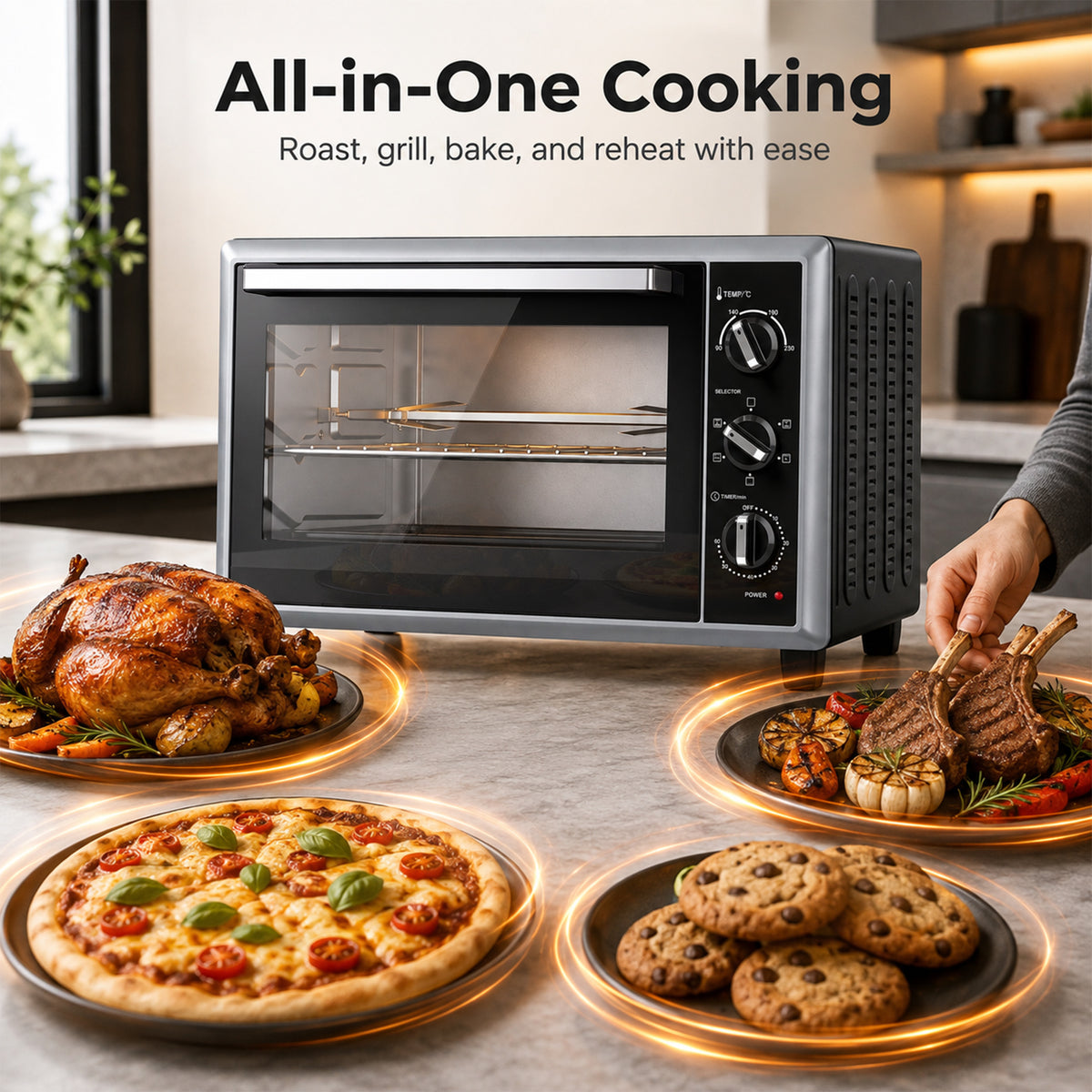 HOMCOM 36L Mini Oven with Convection, Electric Countertop Cooker with Rotisserie, 90-230°C Adjustable Temperature, 1500 W