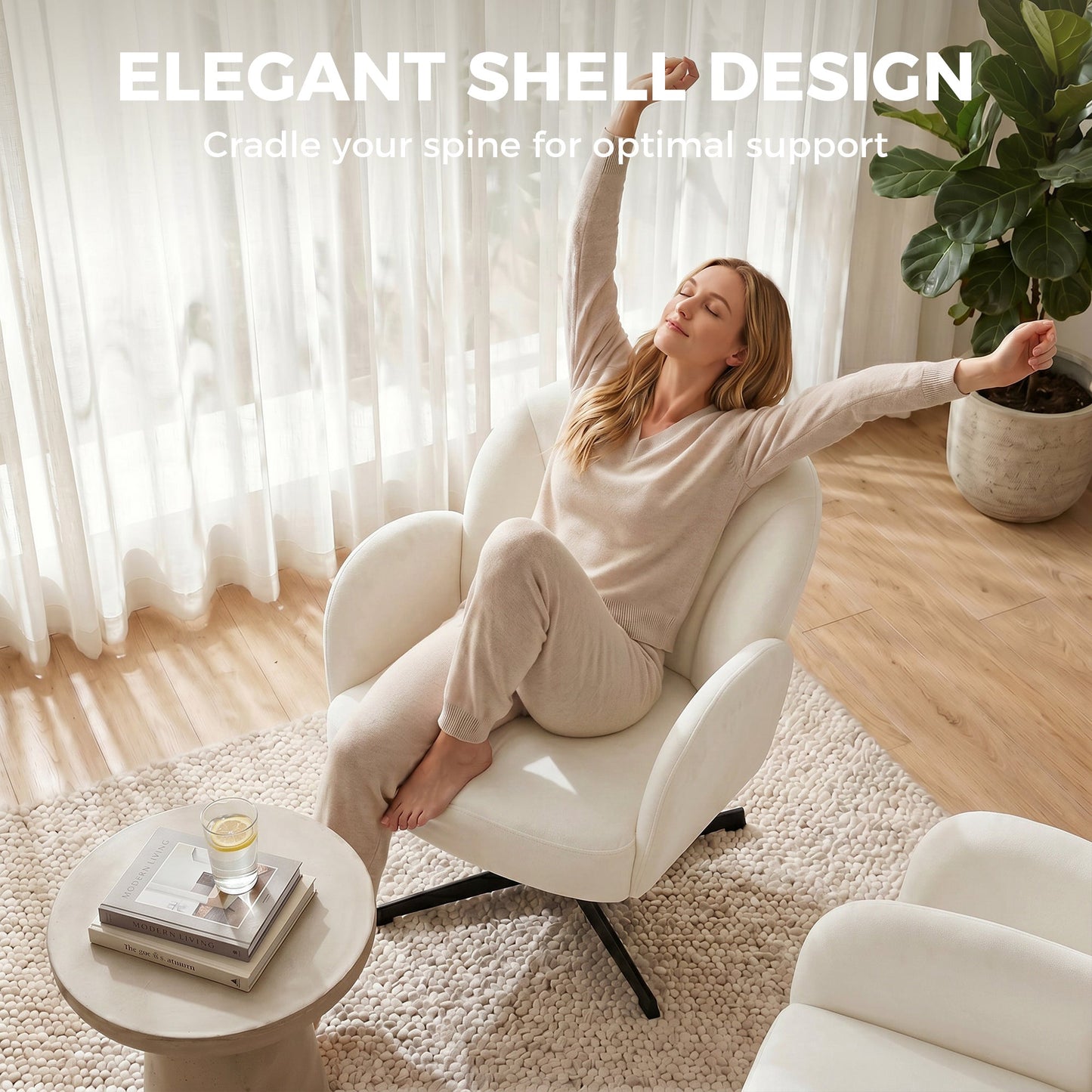 HOMCOM Swivel Accent Chair, Shell-Shaped Armchair with Spring Cushion, Metal Base, Cream White