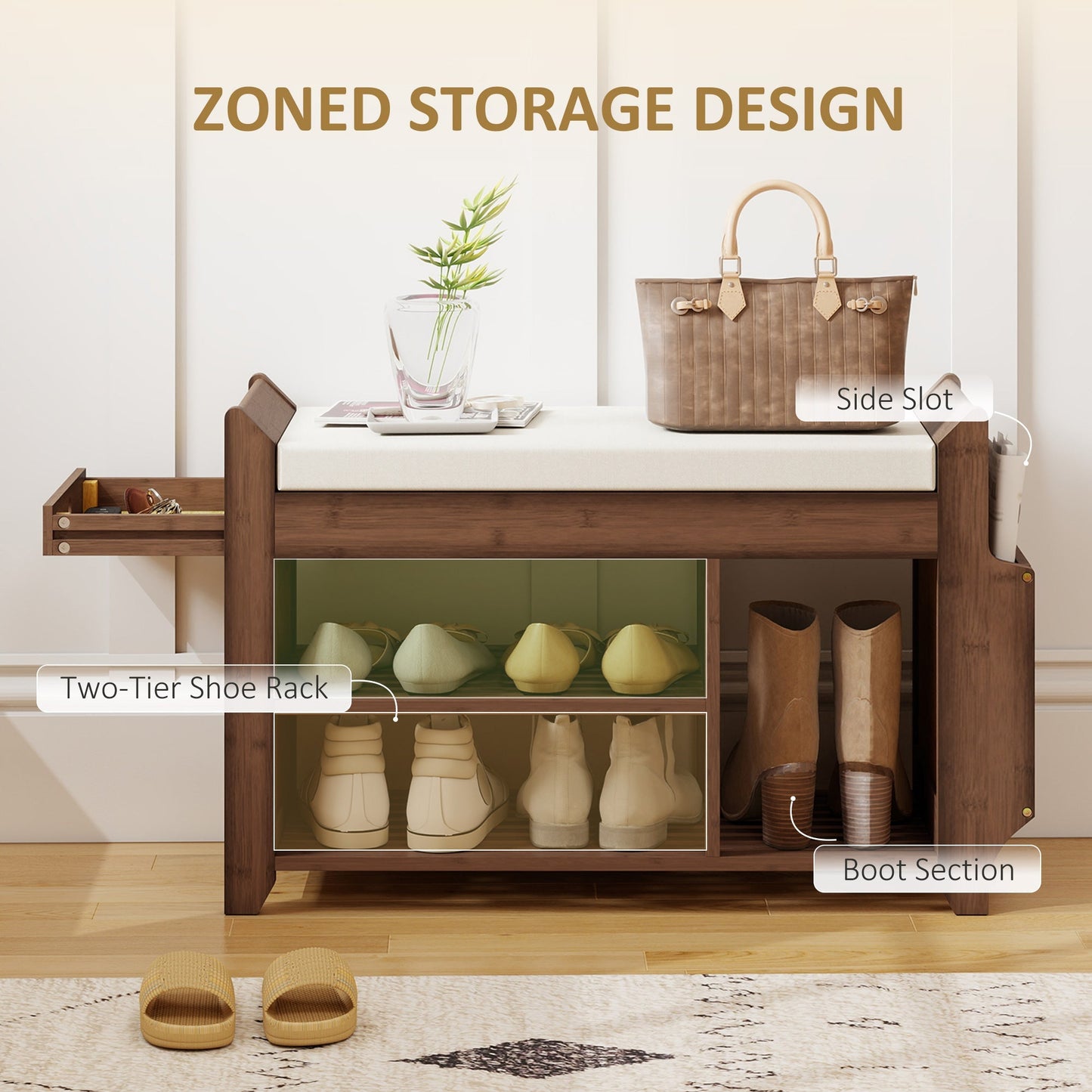 مقعد أحذية بتصميم HOMCOM من طبقتين لتخزين الأحذية في المدخل، مقعد مبطن، بني غامق وكريمي، 100 × 30 × 50 سم