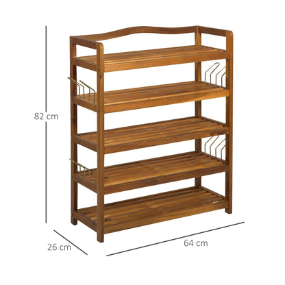 HOMCOM 5-Tier Shoe Rack, Acacia Wooden Shoe Storage Organiser with Hangers, Holds up to 19 Pairs, for Entryway, Living Room, 64 x 26 x 82 cm, Teak