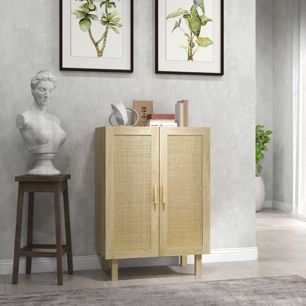 HOMCOM Sideboard Storage Cabinet, Boho Kitchen Cabinet with 2 Rattan Doors and Adjustable Shelves for Kitchen, Natural