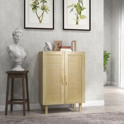 HOMCOM Sideboard Storage Cabinet, Boho Kitchen Cabinet with 2 Rattan Doors and Adjustable Shelves for Kitchen, Natural