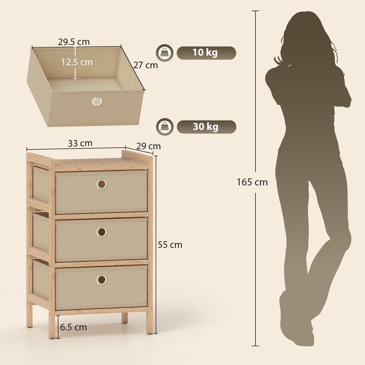 HOMCOM Chest of Drawers, 3 Fabric Drawers Narrow Dresser with Bamboo Frame, Cream White