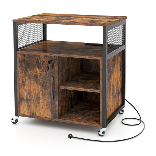 File Cabinet on Wheels in rustic brown with a black metal frame, a locking door and open shelving
