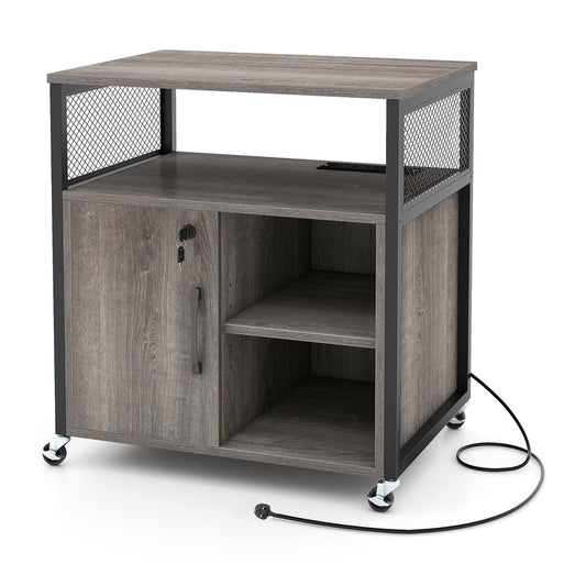 File Cabinet on Wheels with a grey wood finish and black metal frame on a white background