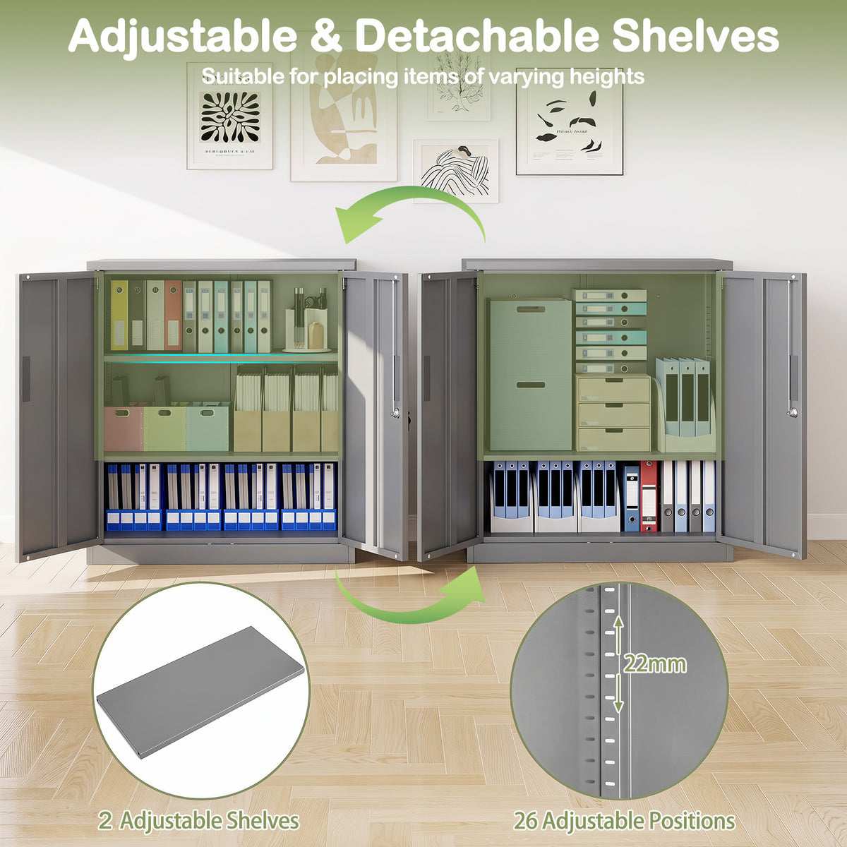 The grey cabinet showing how the internal shelves can be adjusted to different heights